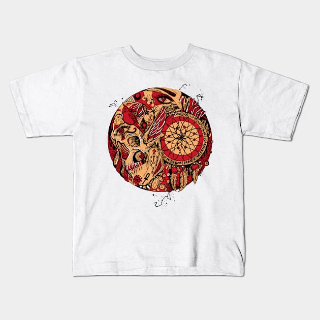 Red Cream Skull and Dreamcatcher Circle Kids T-Shirt by kenallouis